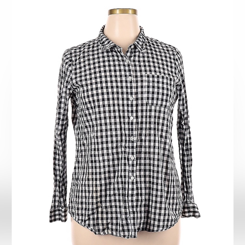 OLIVE & OAK Black White Gingham Plaid Blouse Size XL Button Front Shirt
